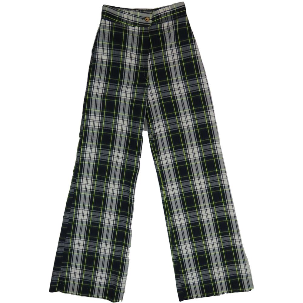 Vintage Bell Bottom Flare Rock Grunge Punk High Waisted Disco Green Plaid Pants - Picture 7 of 10